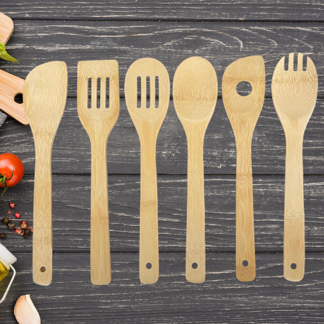 SET UTENSILIOS DE BAMBÚ (6 PIEZAS + BASE) ENVIO Y BATIDORA ELECTRICA GRATIS