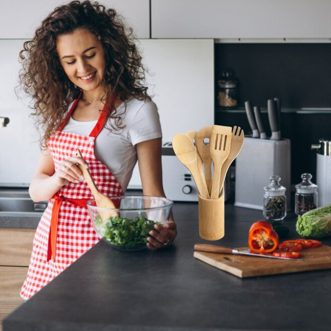 SET UTENSILIOS DE BAMBÚ (6 PIEZAS + BASE ORGANIZADORA)