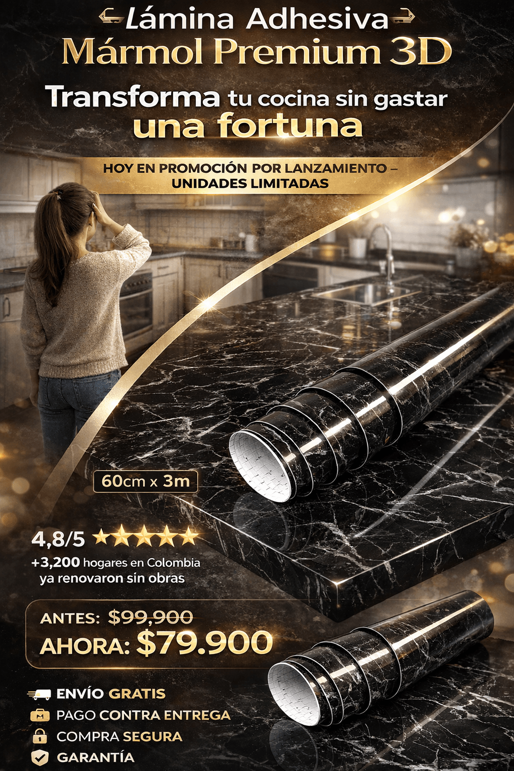 ROLLO ADHESIVO MARMOL NEGRO 60CM X 3M
