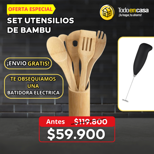 SET UTENSILIOS DE BAMBÚ (6 PIEZAS + BASE) ENVIO Y BATIDORA ELECTRICA GRATIS