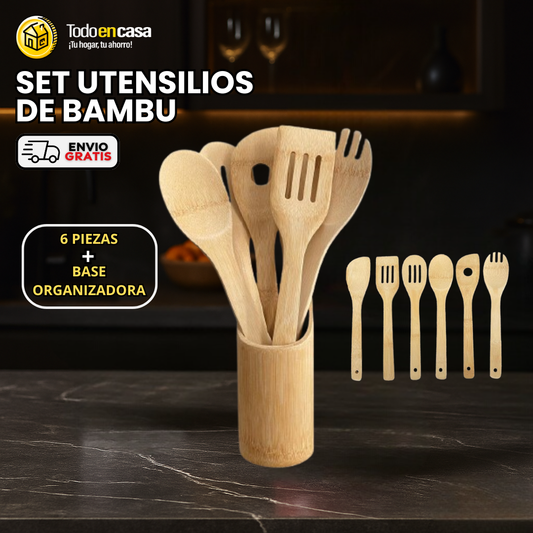 SET UTENSILIOS DE BAMBÚ (6 PIEZAS + BASE ORGANIZADORA)