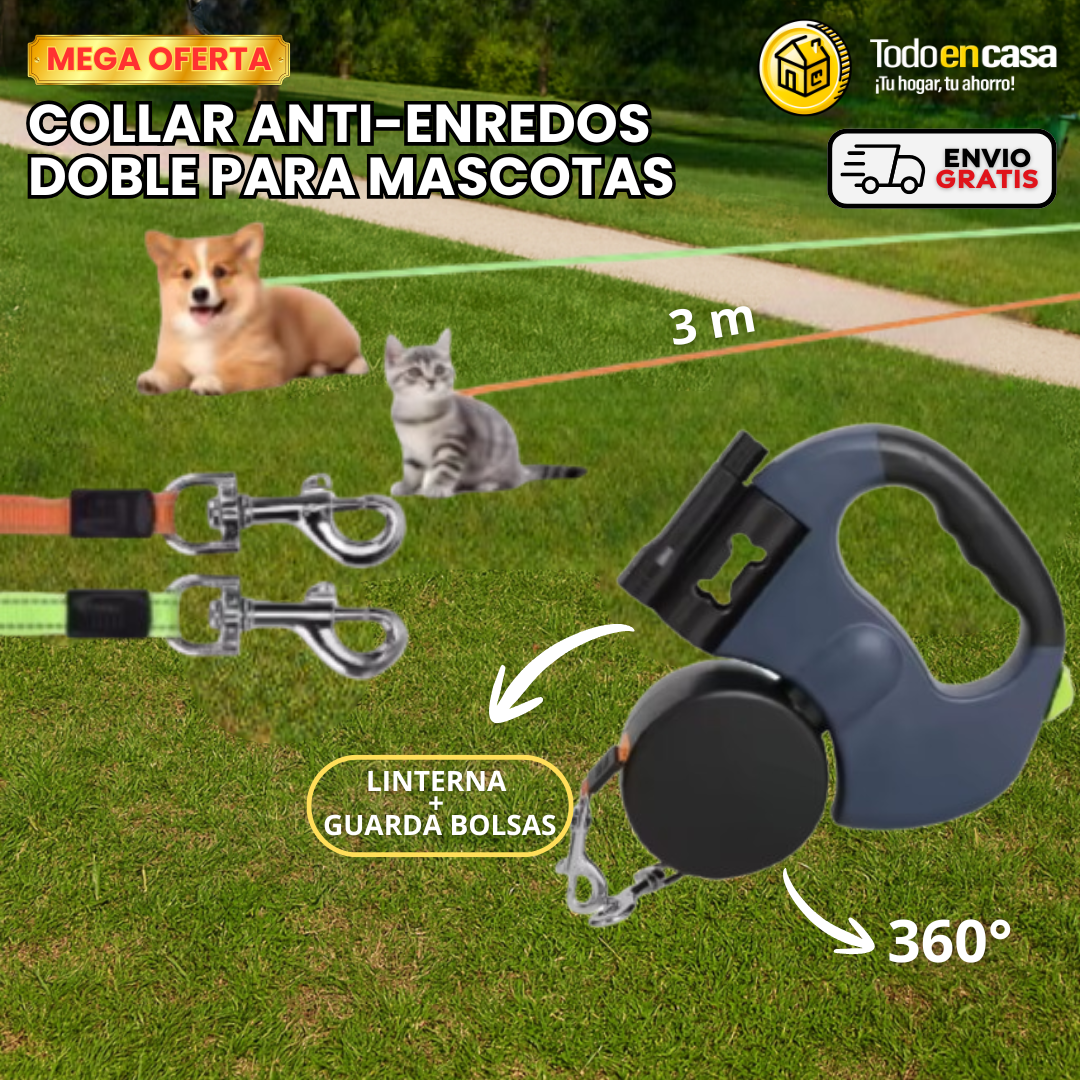CORREA ANTI-ENREDOS 360 DOBLE PARA MASCOTAS (CON LINTERNA)