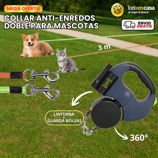 CORREA ANTI-ENREDOS 360 DOBLE PARA MASCOTAS (CON LINTERNA)