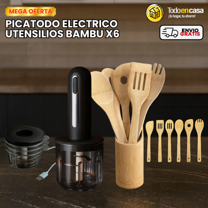 PICATODO ELECTRICO + UTENSILIOS DE BAMBÚ X6
