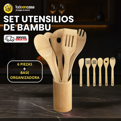 SET UTENSILIOS DE BAMBÚ (6 PIEZAS + BASE ORGANIZADORA)